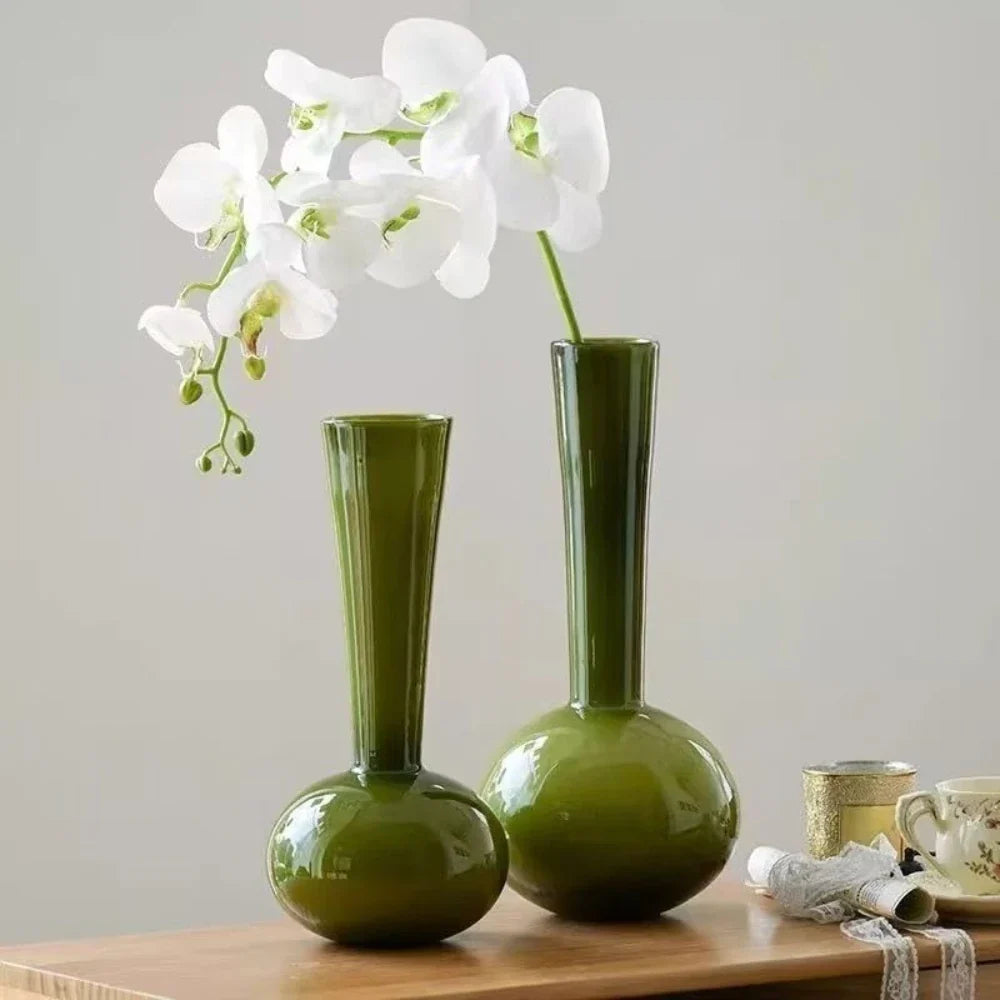 Modern Green Narrow Neck Glass Vase Floral Arrangements Bottle Minimalist Office Table Centerpiece Decor Home Aesthetic