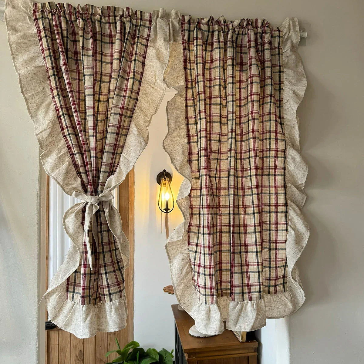 American Pastoral Style Checkered Pattern Ruffle Curtain Enclosure Kitchen Door Curtains Cafe Living Room Window Kitchen Decor
