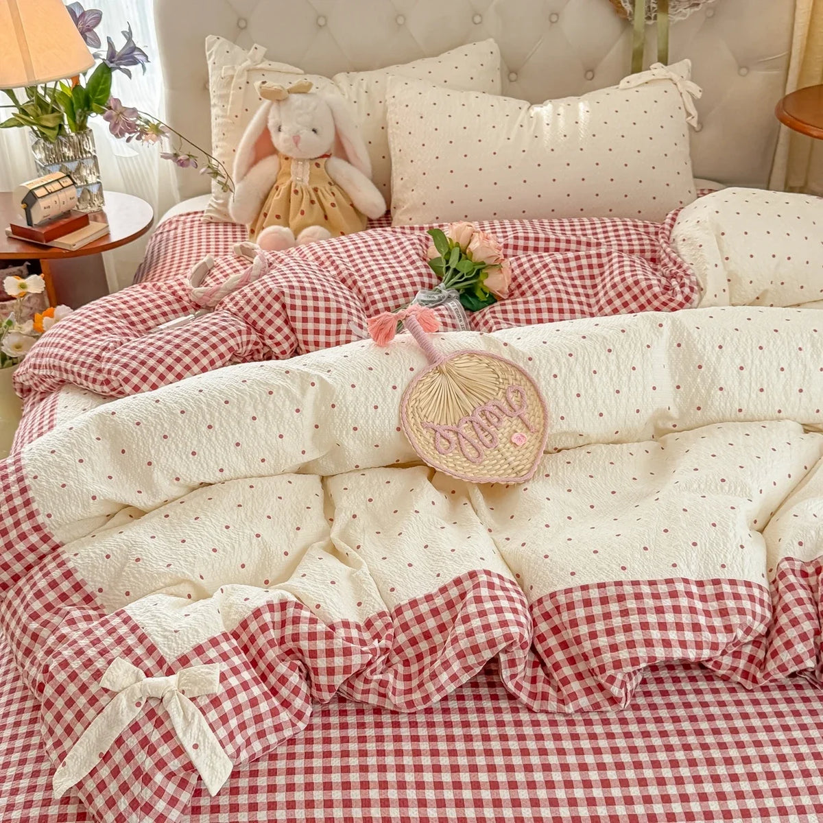 3/4Pcs Bedding Set Plaid Polka Dot Cotton Bedding Princess-Style For Home Double Bed Duvet Cover Bed Sheets With Pillowcase