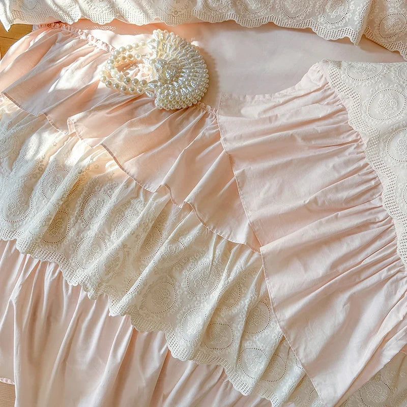 Luxury Princess Style Pink 100% Cotton Bedding Set Ruffles Bed Cover Set Soft Comforter Cover Set Bed Sheet Pillowcases 4Pcs