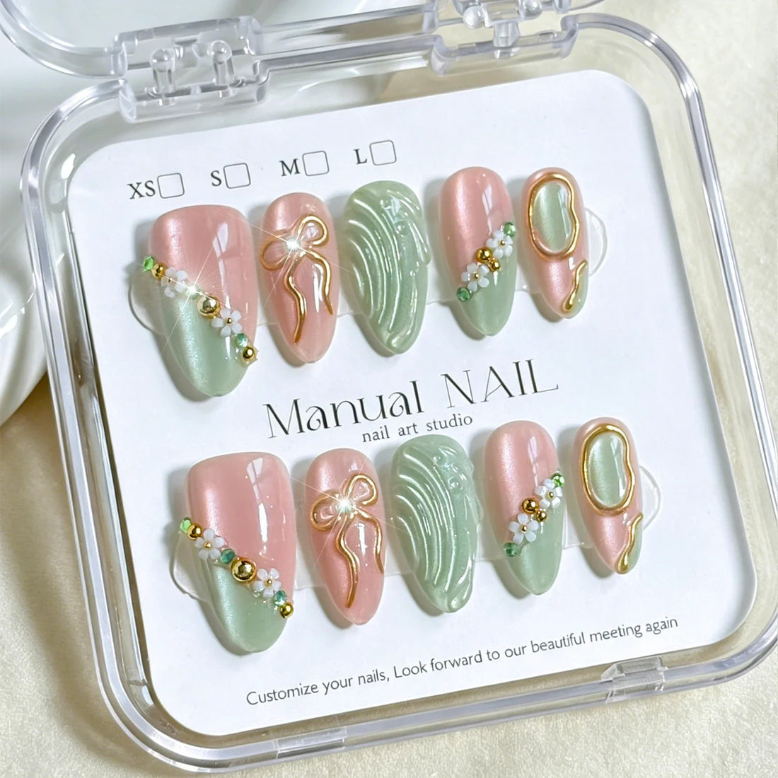 10pcs Pink Green Cat Eye Almomd Press On Nails 3D Gold Bow Bead Mini Flower Gradient False Nail Tips Full Cover Nail Extensions