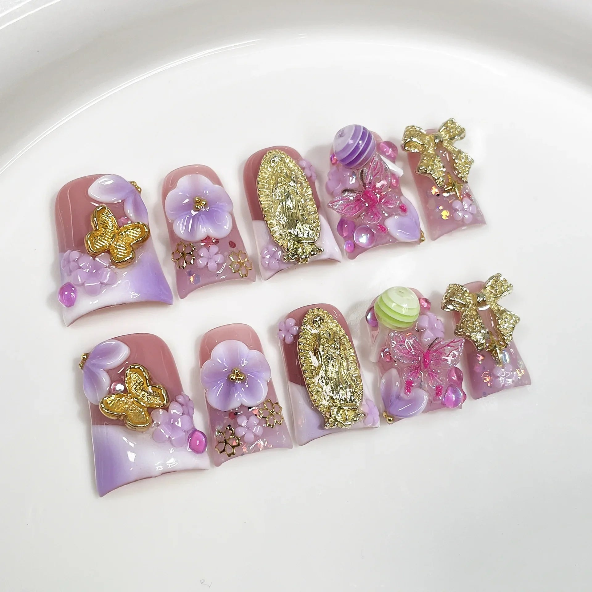 10pcs Ocean Style Fake Nails Duck Bill Press on Nails Set Handmade 3D Flowers Pearl Nail Art Gradient Blush French False Nails