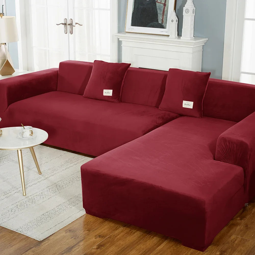Solid Color Velvet Chenille Non-slip Sofa Cover, Elastic 1/2/3/4 Seater Thickened Full Coverage Slipcover Universal Fit L Shaped