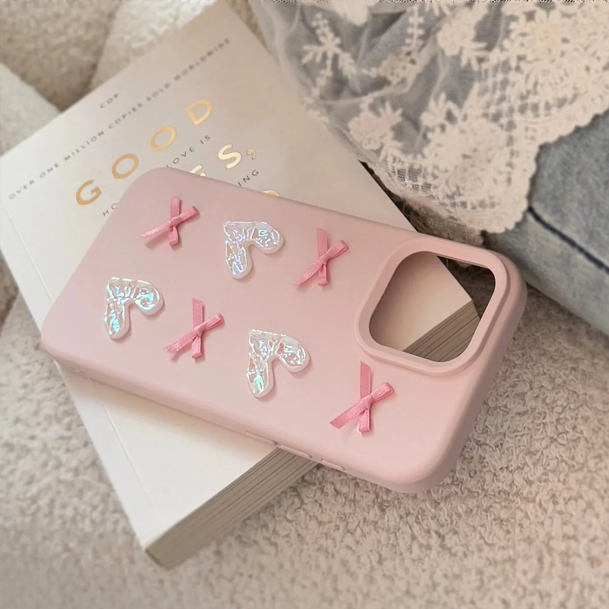 3D Pink Love Heart Bow Phone Case for IPhone16 15 14 12 13 11 Pro ProMax Mini Plus X XR Shockproof Phone Cover