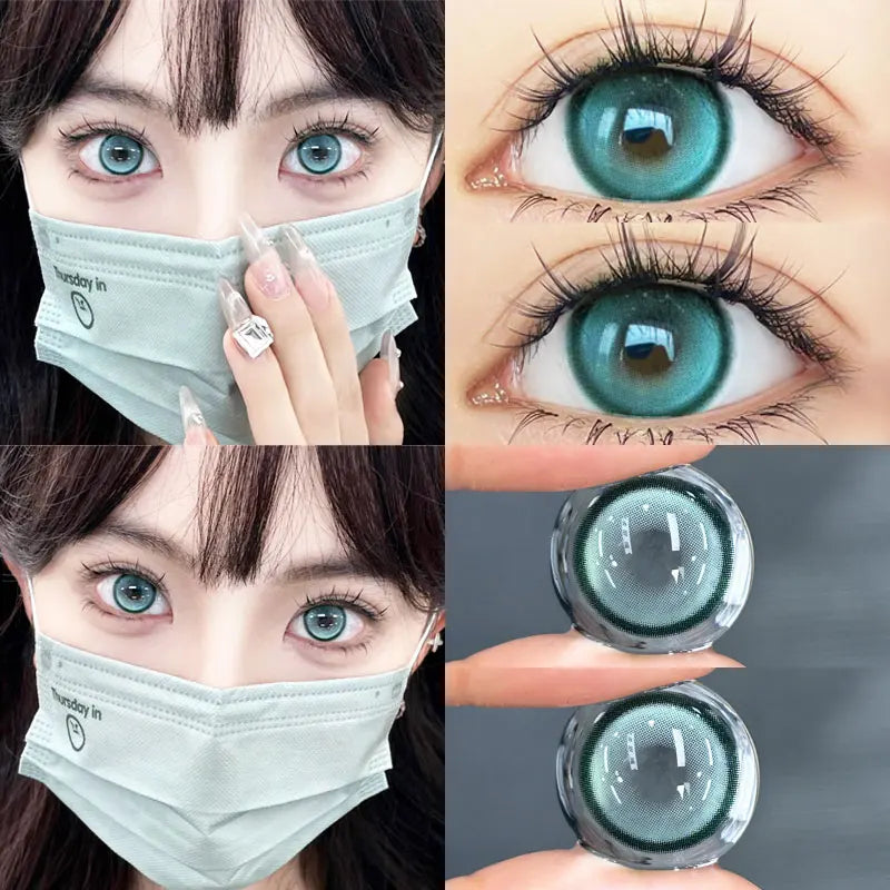 2Pcs Korea Colored Contact Lenses Prescription Myopia Degree -0.00 to-8.00 Blue Makeup Soft Lens Eye Beauty Pupil Lan Cat