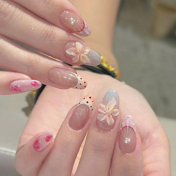 10pcs Cute Press on Nails Color French 3D Flower Fake Nails Black Polka Dot Pearl Bow Nail Tip Almond False Nails for Women Gift