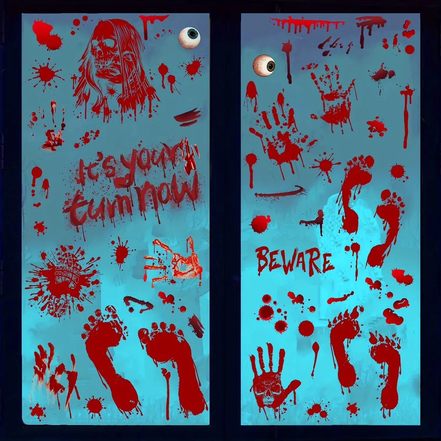 3D Halloween Decorations 84pcs Halloween Window Clings 9 Sheets Bloody Handprint Footprint Halloween Wall Decal Floor Clings