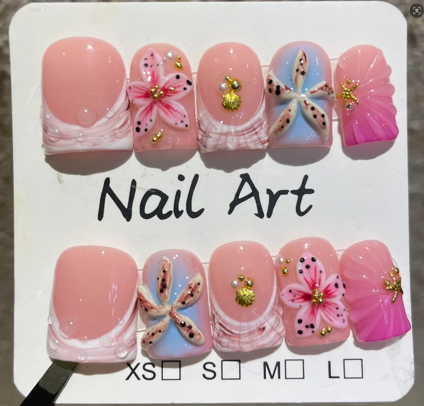 10pcs Beach Vacation False Nails Short Square 3D Pink Yellow Flowers Nail Starfish Pearl Shell Fake Nails Sweet Press on Nails
