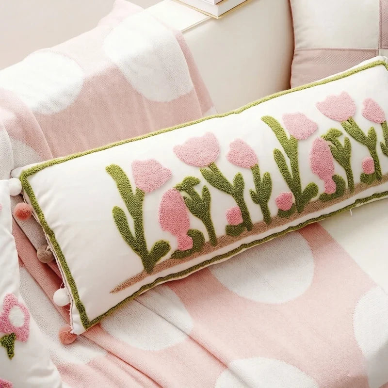 Outdoor Cushion Garden Long Pillow Case 90x35cm Floral Cushion Cover Soft Throw Pillow Case with Pink Flower