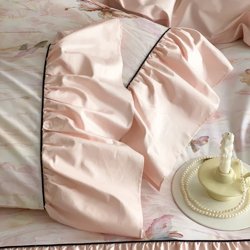 600TC Egyptian Cotton Pink Butterfly Print Pleated Ruffles Bedding Set Duvet Cover Bed Sheet/Fitted Bed Sheet Pillowcases 4Pcs