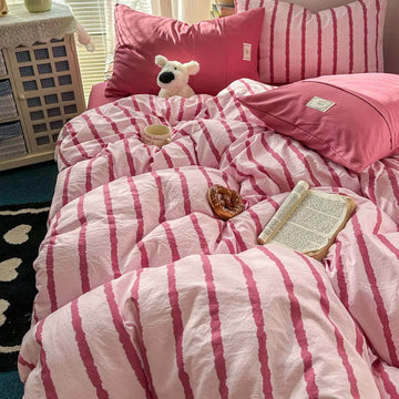 Simple Stripe Two-Tone Bedding Set Nordic Skin-Friendly Sheet Quilt Cover Kit for Four Seasons Machine Wash Colorfast Bedclothes