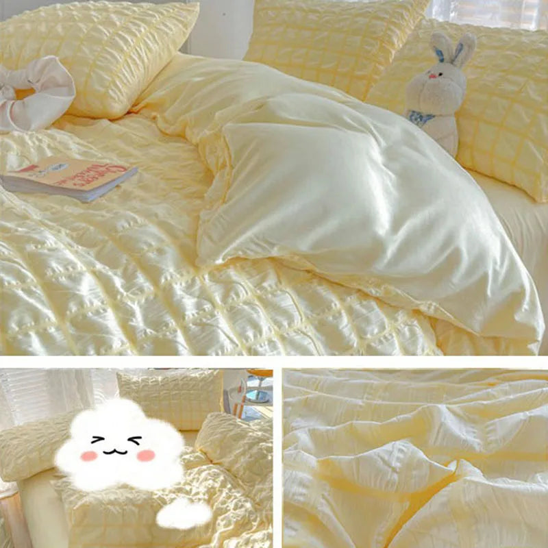 Simple Two-Tone Seersucker Bedding Set Super Soft Skin-Friendly Sheet Kit with Quilt Cover Nordic Solid Breathable Home Textile