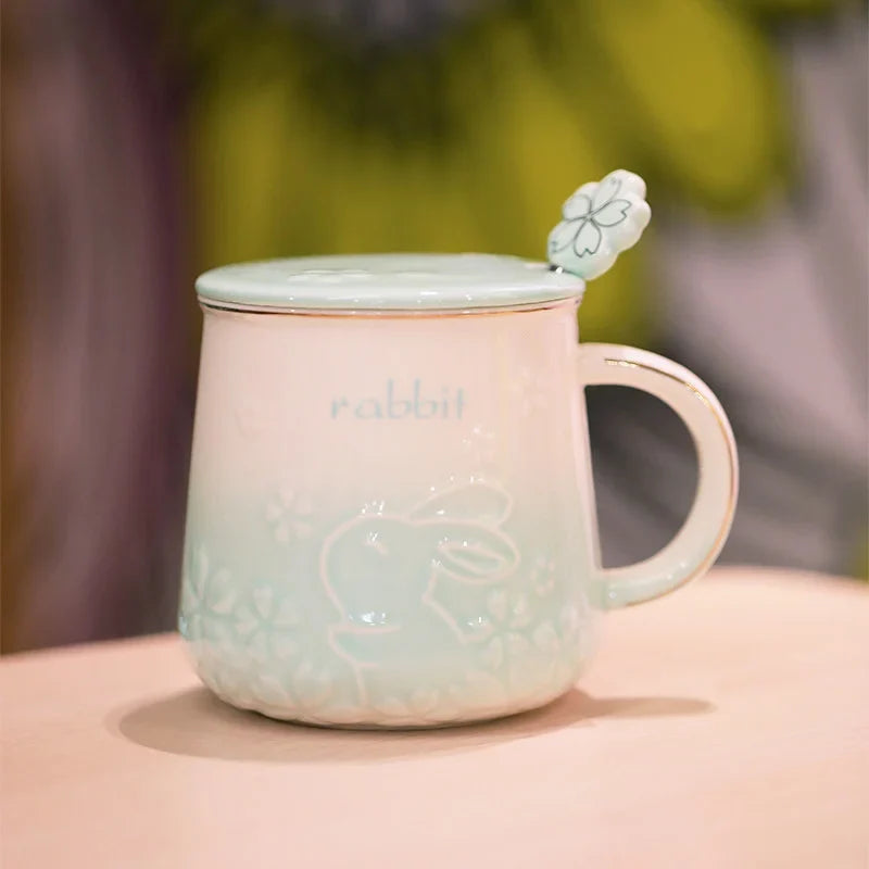 Cute Style High-Temperature Firing Manual Ceramic Mug With Lid And Spoon Set Tableware Underglaze Colour Large Capacity 400ml