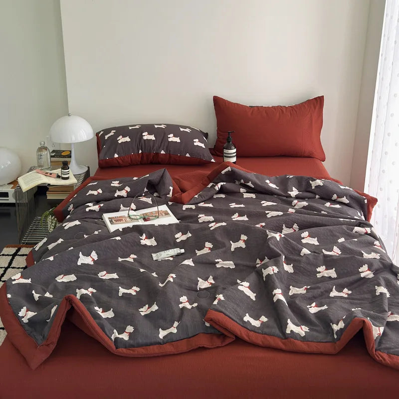 American Printed Cotton Summer Quilt Skin-Friendly Naked Sleeping Comforter for Adults Student Dorm Lightweight Soft Bedspread