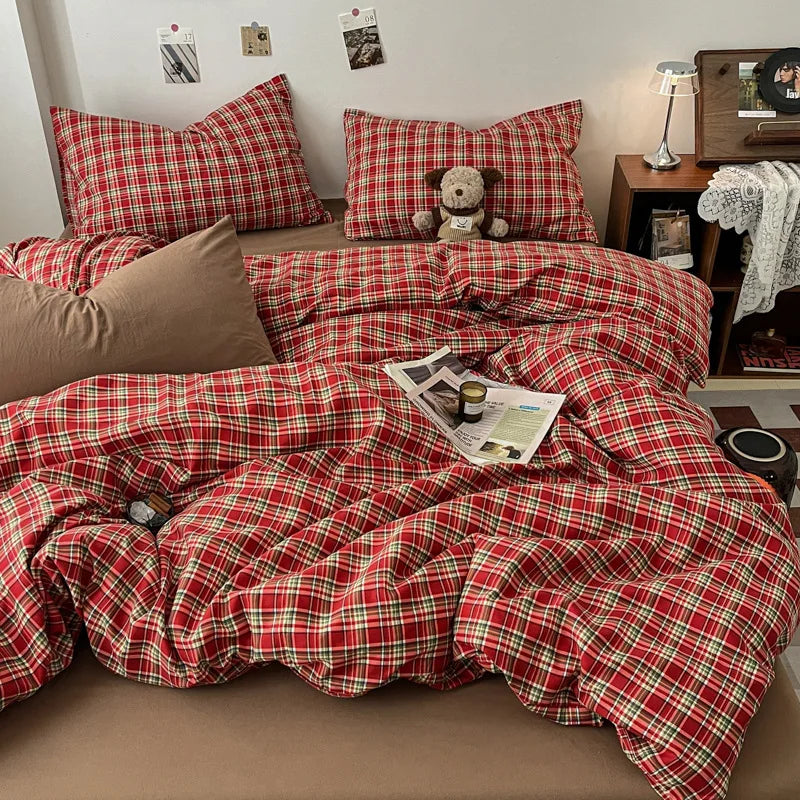 Vintage Geometric Plaid Printing Bedding Sets Nordic Soft Bedclothes for Four Seasons Skin-Friendly Quilt Cover Sheet Pillowcase