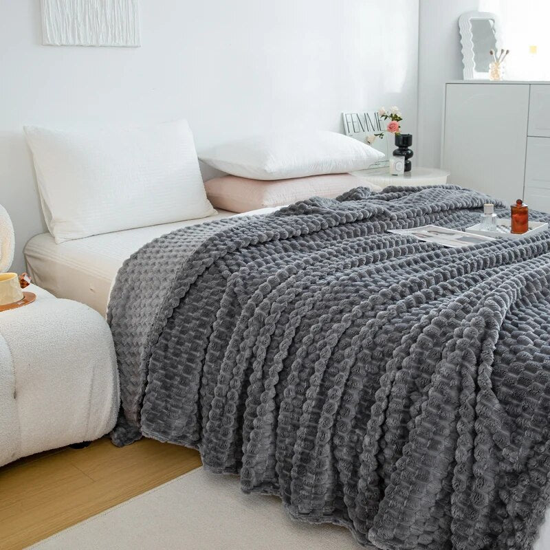 Solid Plaid Bed Blanket Autumn Winter Soft Warm Fluffy Throw Blanket Sofa Coral Fleece Bedspread On Bed For Adults Kids Blankets