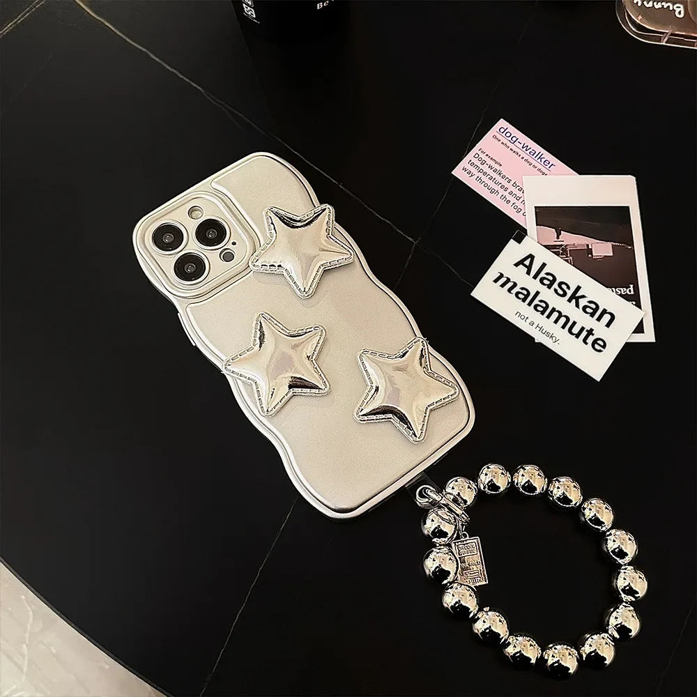 Korean 3D Puff Star Sliver Electroplated Phone Case with Bracelet Chain For iPhone 16 15 14 13 12 11 Pro Max Shockproof Cover
