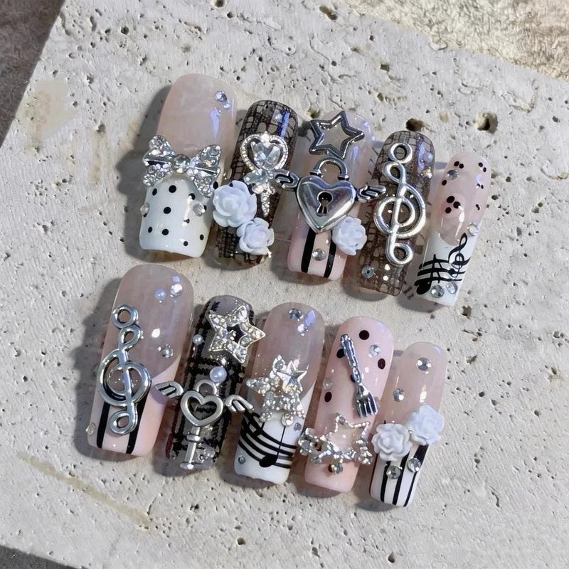 10Pcs Pink Coffin Handmade Press On Nails Moon Stars False Nails Sweet Bow Diamond Design Full Cover Ballet Fake Nails Press On