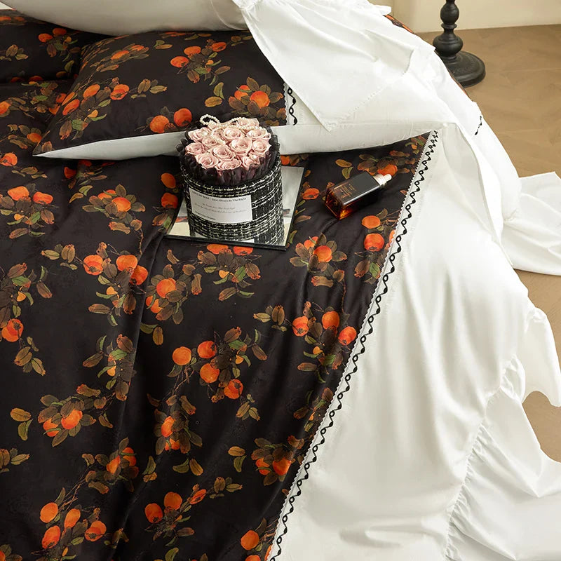 Oil Painting Style Bedding Set Luxury 100% Cotton Digital printing Ruffles Duvet Cover Bed Sheet Pillowcases Home Textile
