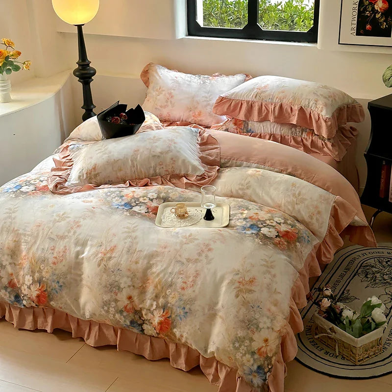 Korean Style Bedding Set 100% Cotton Green Flowers Printed Princess Duvet Cover Sets Fitted Bed Sheet Pillowcases Home Textile