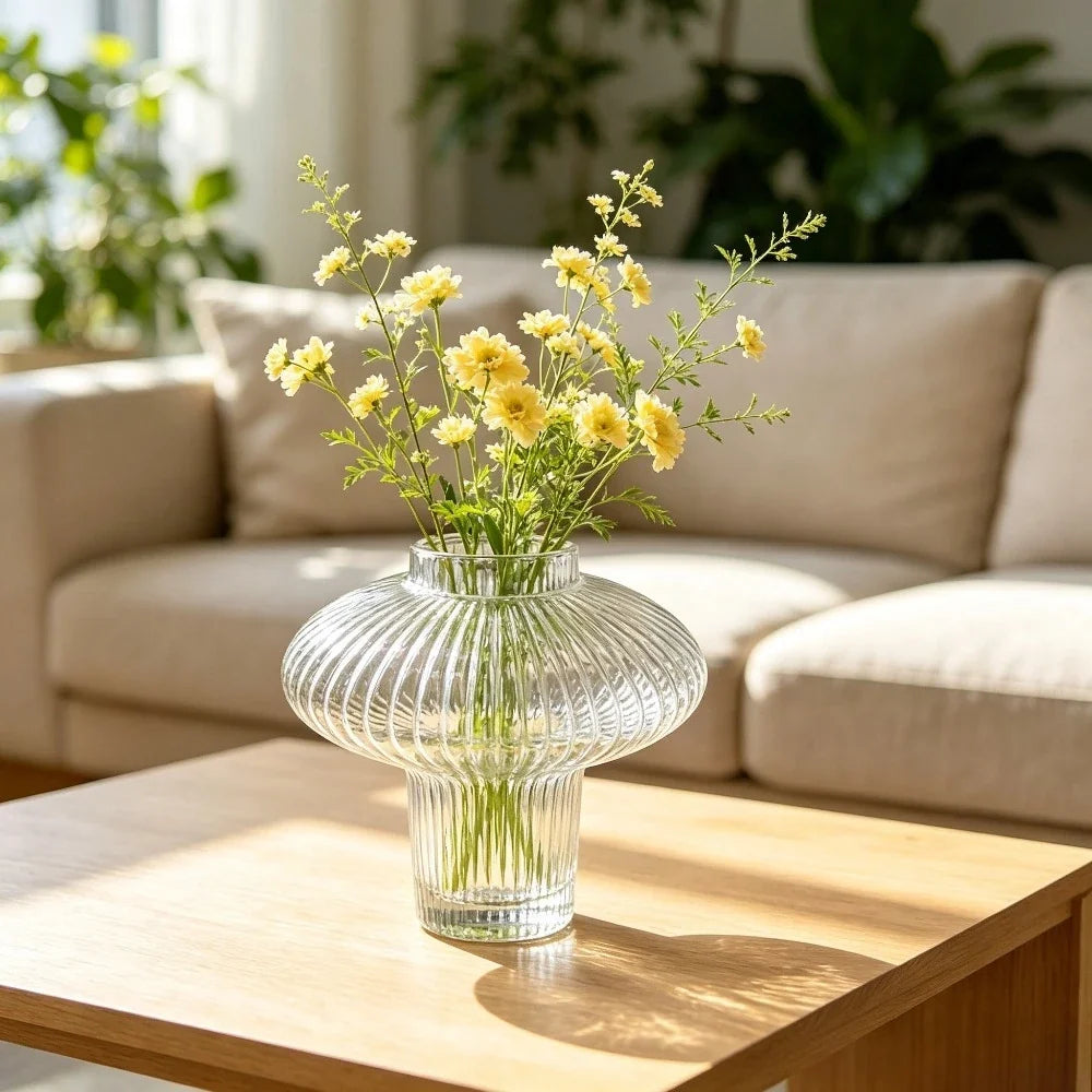 Vertical Ribbed Clear Glass Vase Mushroom Shaped Hydroponic Flower Container Modern Desktop Ornament for Living Room Home Decor