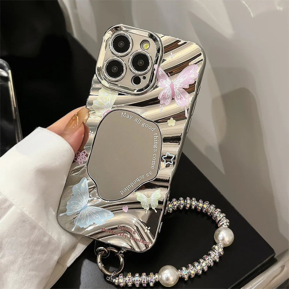 Y2K Butterfly Plating Wave Mirror Phone Case For iPhone 16 15 14 13 12 11 Pro Max XR X XS 7 8 Plus Bracelet Shockproof Cover
