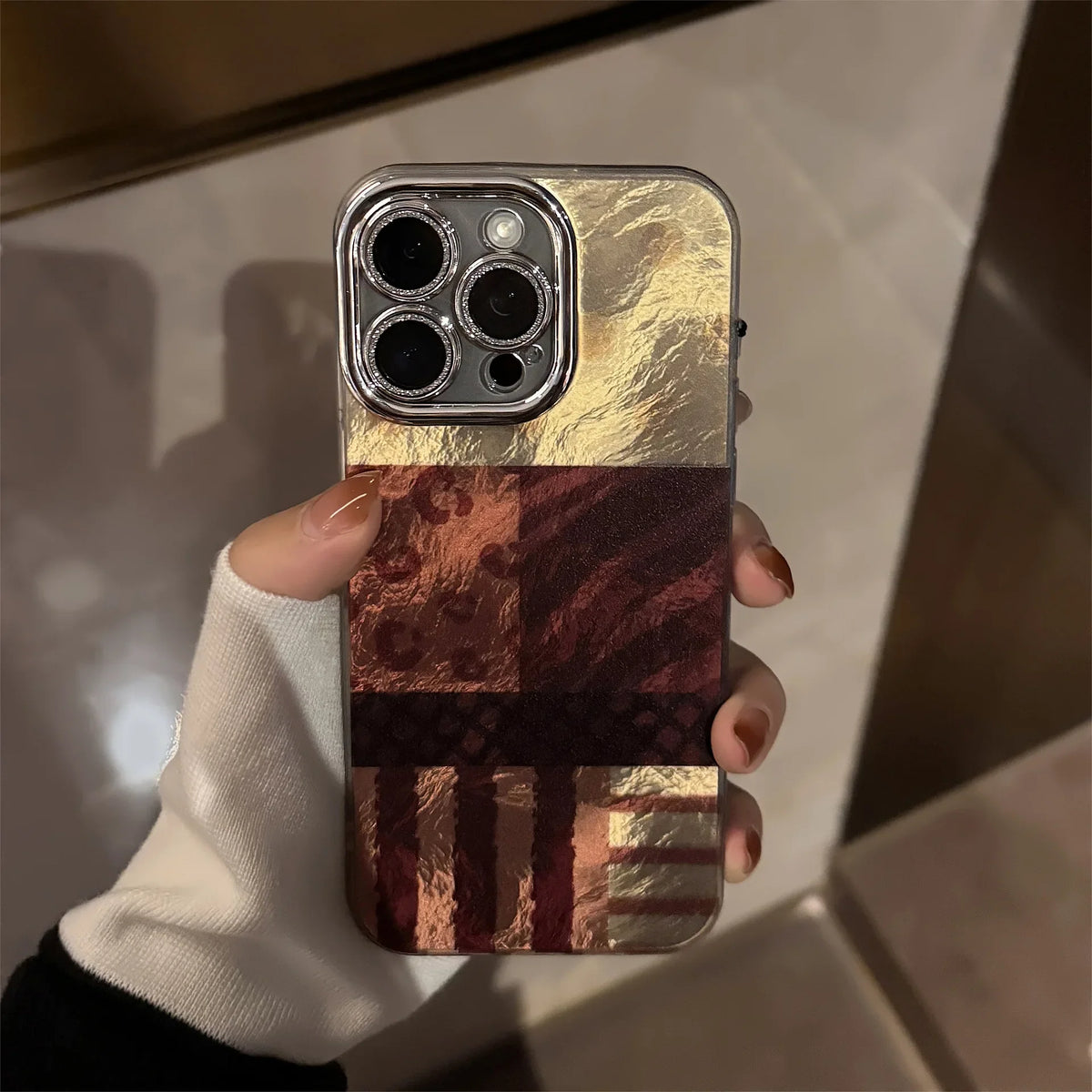 Ins Splicing Phone Case For iPhone 16e 15 14 13 12 11 Pro Max XR X XS 7 8 Plus Bracelet Chain Glitter Lens Film Shockproof Cover