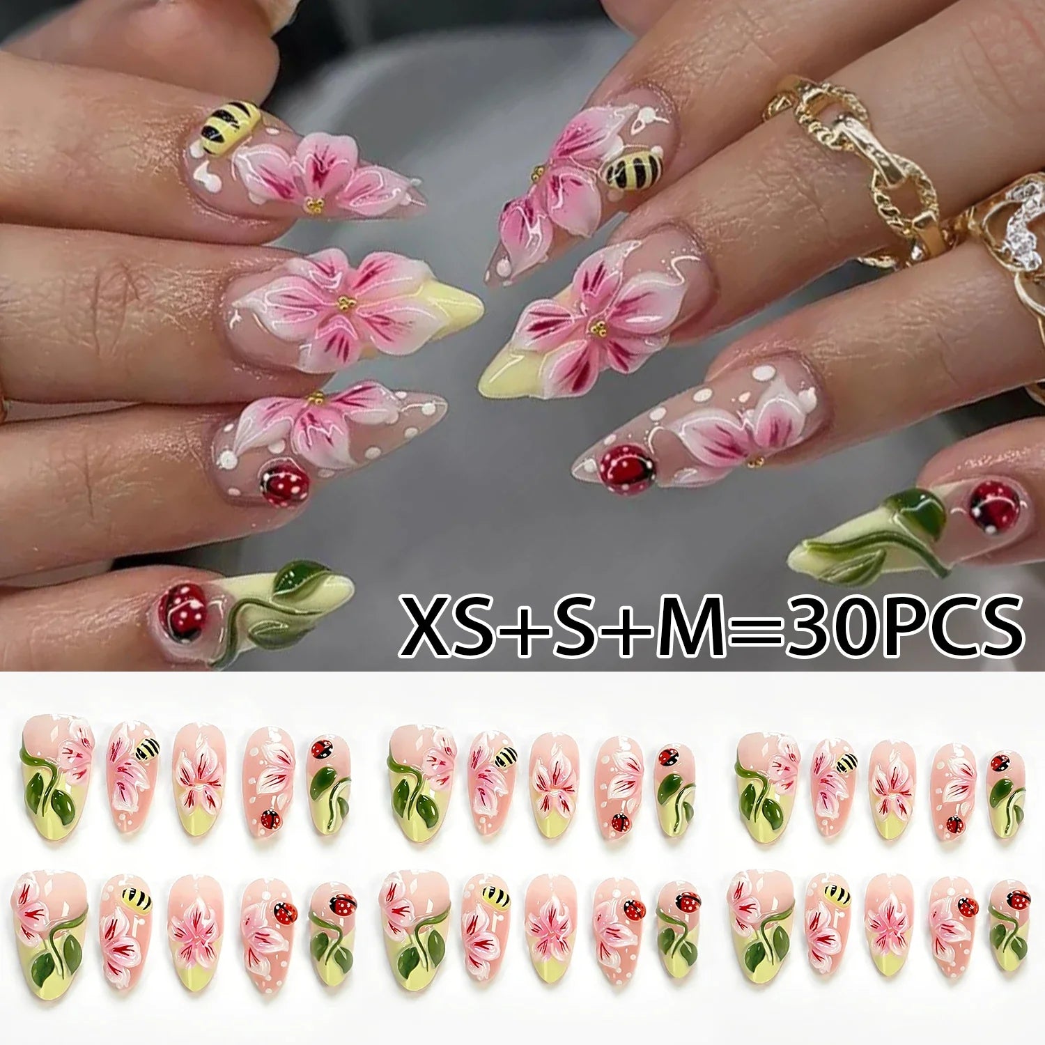 10Pcs Gradient Art Ladybug Flower Press On Nail Glossy Design Ladybug Flower Fake Nail Casual Look Ladybug Flower False Nail