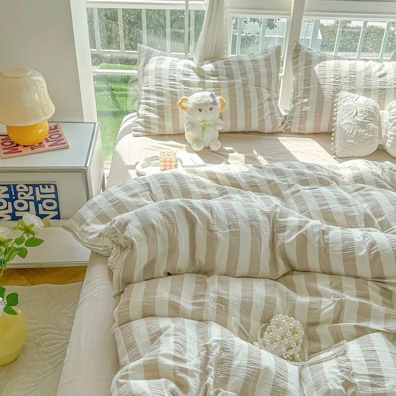 Japanese Ins Stripe Bedding Set Simple Two-Tone Contrast Sheet Kit with Quilt Cover Comfort Bed Decoration for Student Dorm