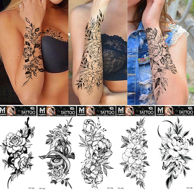 Sexy Black Flower Temporary Tattoos For Women Thigh Men Arm Sleeve Rose Flower Realistic Fake 3D Tatoos Forearm Tattoo Stickers