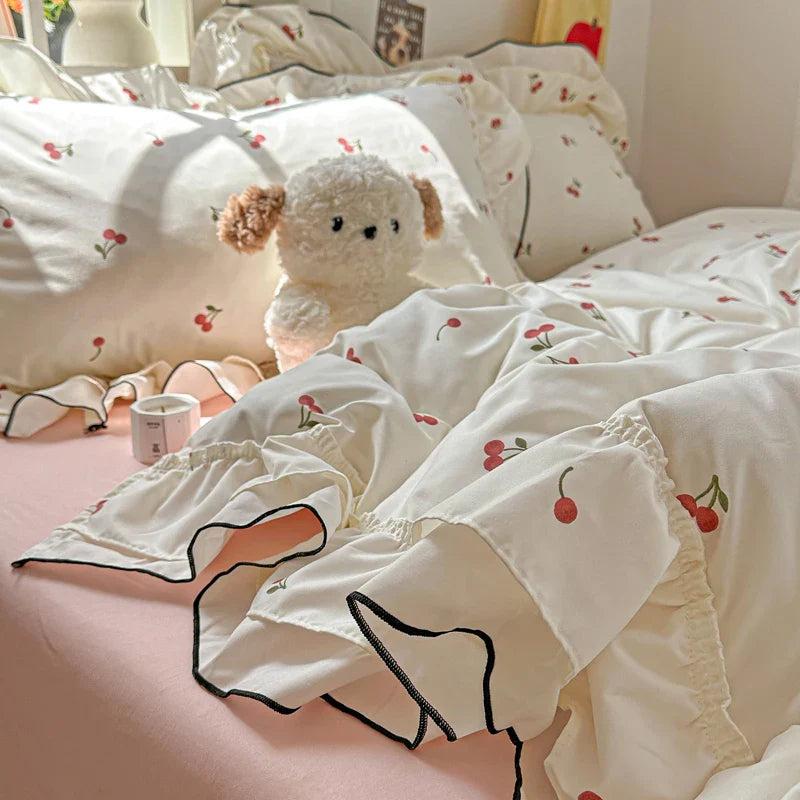 Princess Style Cartoon Floral Ruffles Bedding Set Washed Cotton Duvet Cover Bed Sheet Pillowcases Single Full Queen Size 3/4Pcs