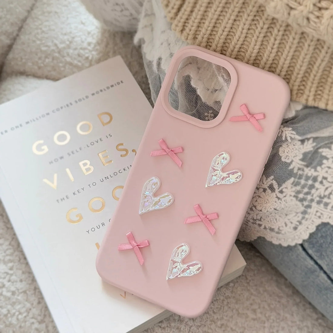 3D Pink Love Heart Bow Phone Case for IPhone16 15 14 12 13 11 Pro ProMax Mini Plus X XR Shockproof Phone Cover
