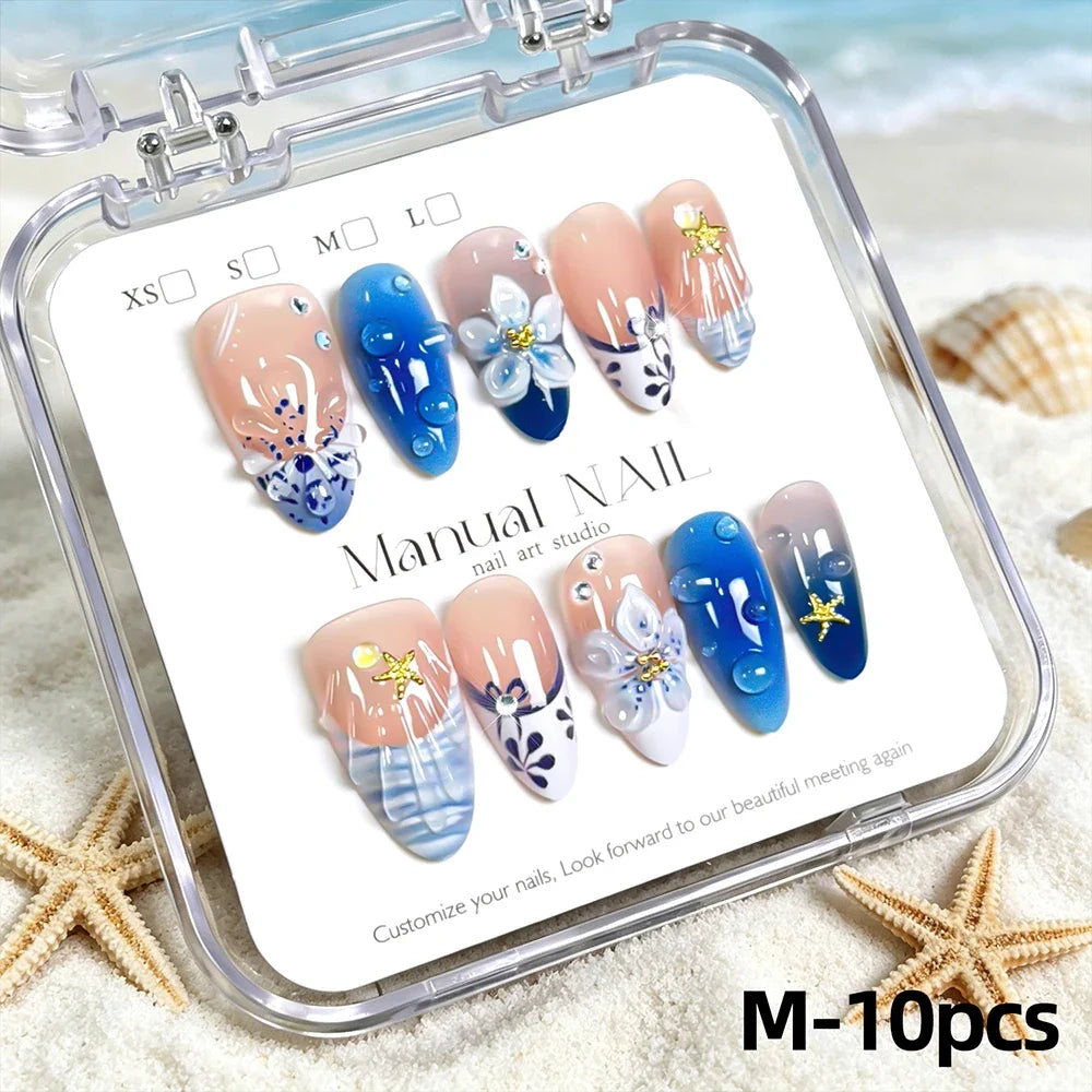 10pcs Blue Gradient French Almond Shaped False Nails 3D Flowers Shell Bubble Design  Press on Nails Wearable False Nails Tips
