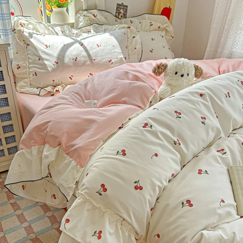 Princess Style Cartoon Floral Ruffles Bedding Set Washed Cotton Duvet Cover Bed Sheet Pillowcases Single Full Queen Size 3/4Pcs
