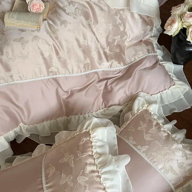 Luxury Princess Lace Ruffle Edge 1000TC Egyptian Cotton Bedding Set Duvet Cover Set Flat Bed Sheet Pillowcases 4Pcs