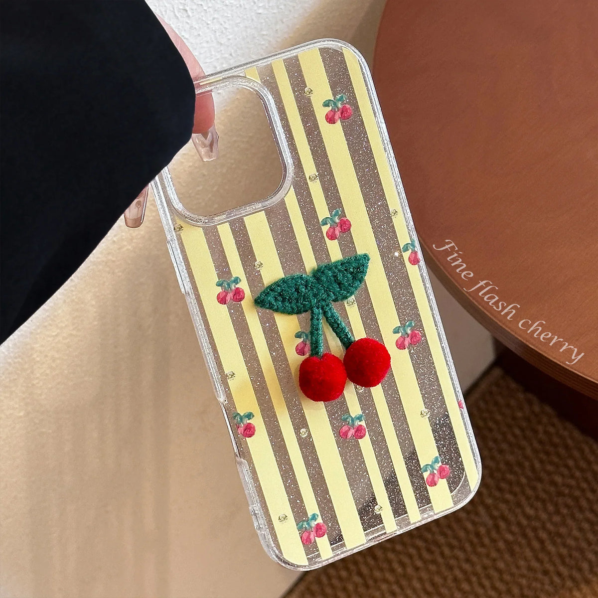 Korean Striped Glitter 3D Cherry Soft Phone Case With Lanyard For iPhone 16 15 14 12 13 11 Pro Max Shockproof Protective Cover