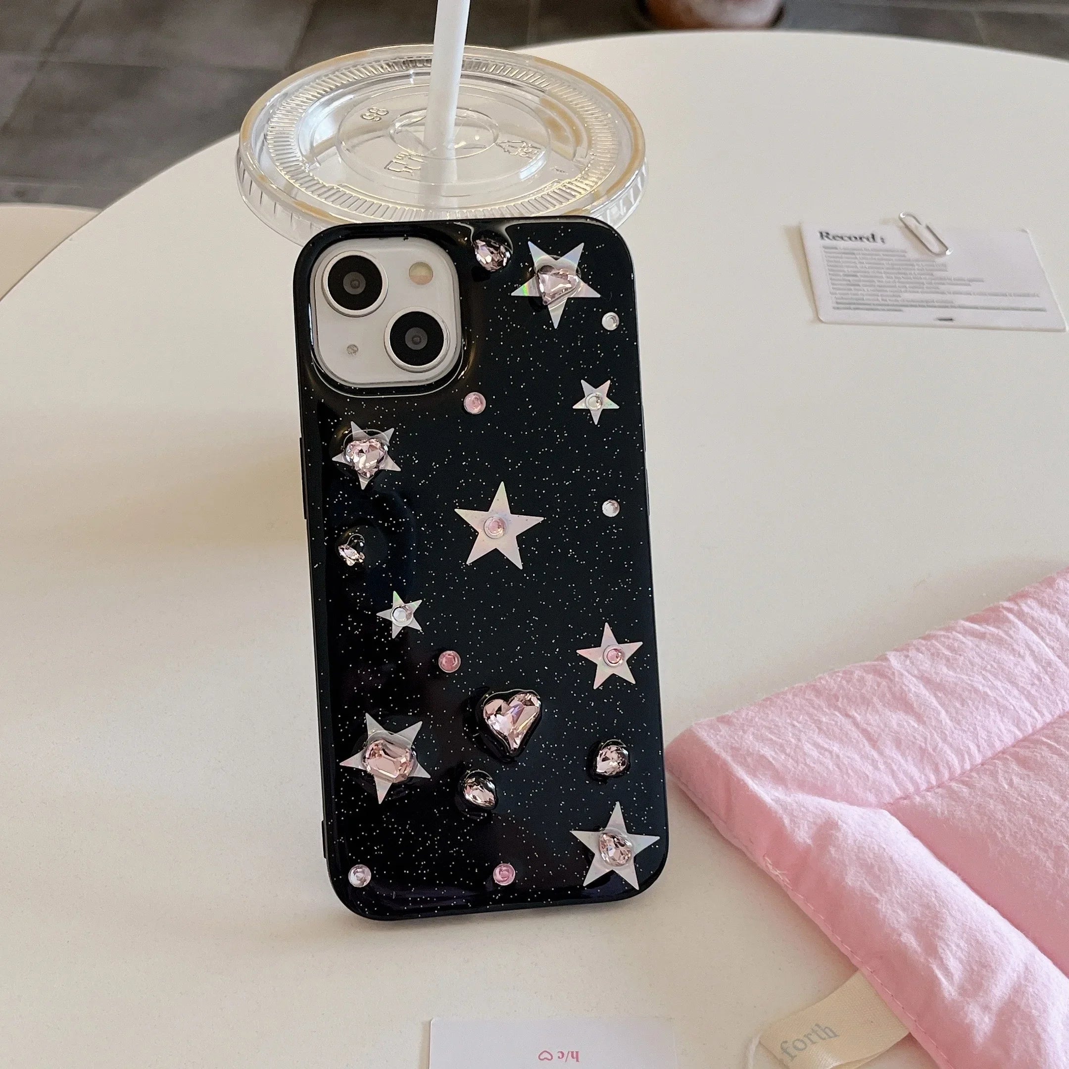 Korean Black Epoxy Glittering Stars Artificial Gems Case for iPhone 16 15 14 13 Pro Max Back Phone Cover for 12 11 Pro Max Capa