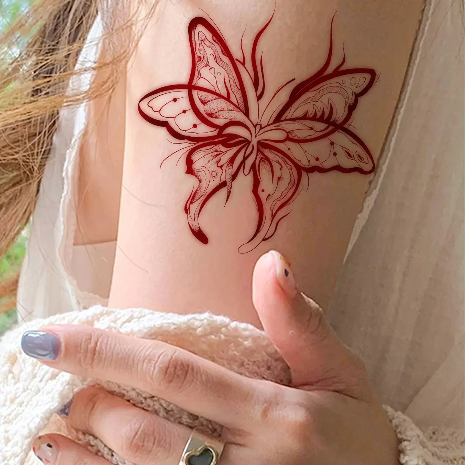 Wine Red Blood Butterfly Tattoo Sticker, Temporary Tattoo Sweet Cool Flame Tail Thigh Waterproof Long-Lasting Realistic Sticker