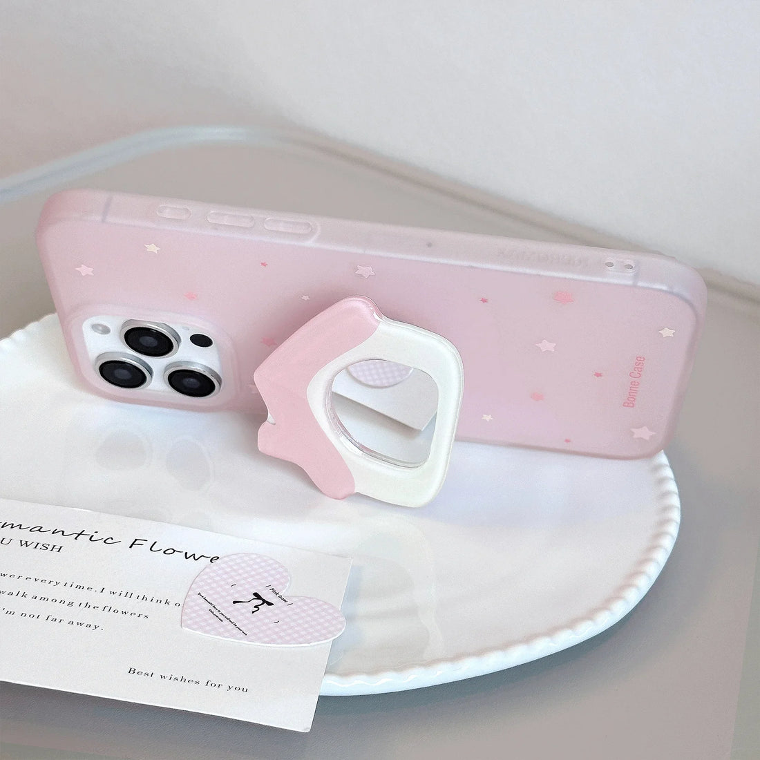 Korean Stars Cute Makeup Mirror Pink House Holder Soft Phone Case For iPhone 16 15 14 13 12 Pro Max Shockproof Bumper Back Cover