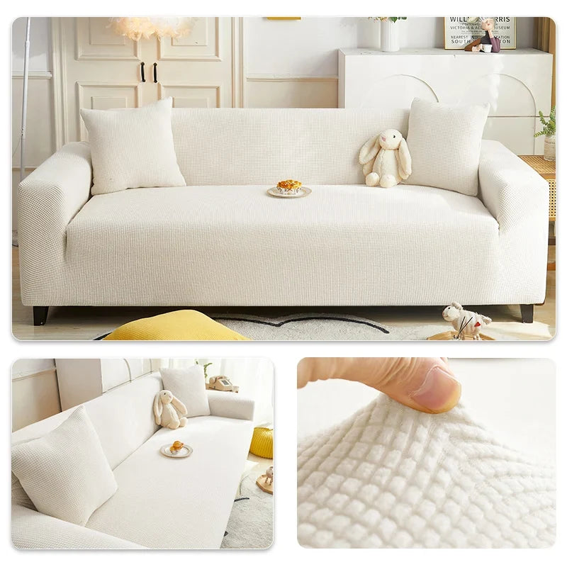 Solid Elastic Adjustable Sofa Cover,Non-slip Jacquard Corn Fleece Slipcover for Living Room Pet Anti-Scratch Dustproof Full Wrap