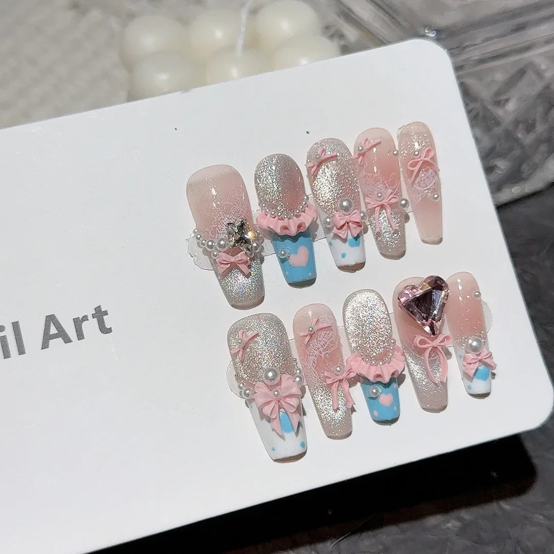 10Pcs Pink Coffin Handmade Press On Nails Moon Stars False Nails Sweet Bow Diamond Design Full Cover Ballet Fake Nails Press On