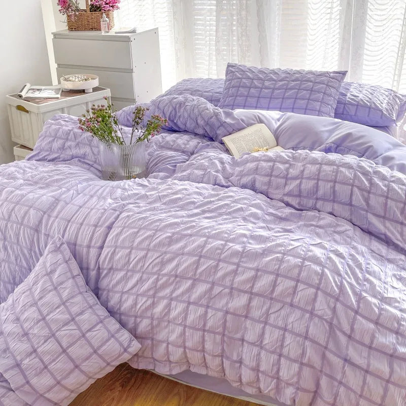 Simple Two-Tone Seersucker Bedding Set Super Soft Skin-Friendly Sheet Kit with Quilt Cover Nordic Solid Breathable Home Textile