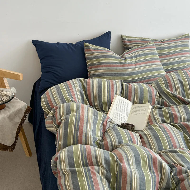 Nordic Simple Stripe Printed Bedding Sets Soft Washed Cotton Skin Friendly Duvet Cover Kit Cozy Bedclothes for Summer and Autumn