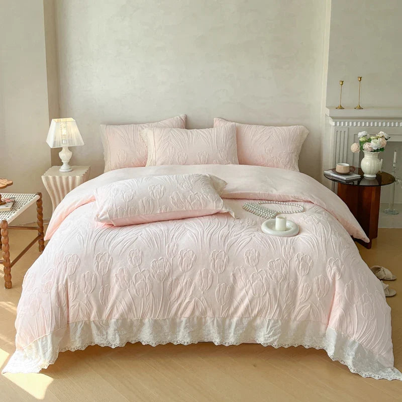 Tulip Flowers Lace Ruffles Princess Style Bedding Set Velvet Warm Winter Duvet Cover Flat/Fitted Bed Sheet Pillowcases 4Pcs