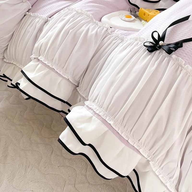 3/4Pcs Bedding Set Princess-Style Purple Bow Double-Layer Ruffles Duvet Cover Pillowcase Full-Size Queen Bed Sheet Set For Home