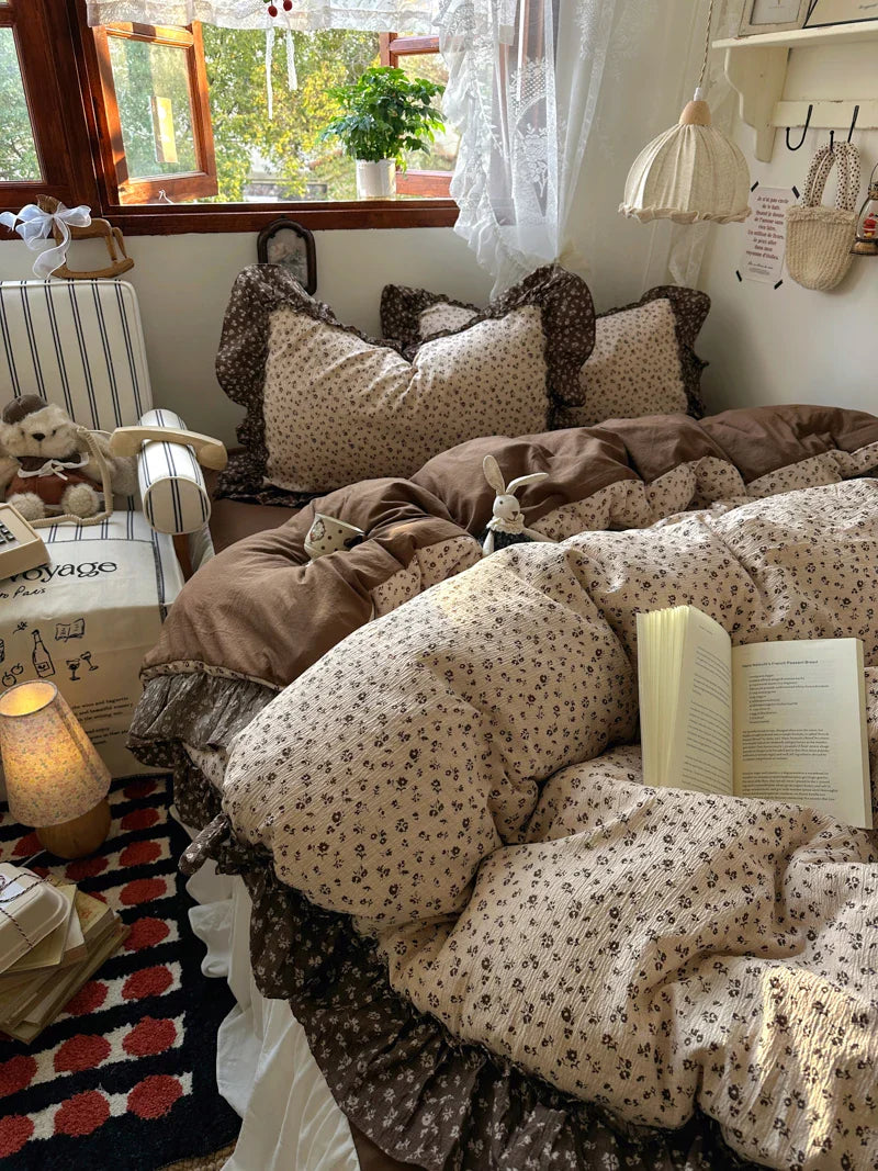 3/4Pcs Vintage Flower Lace Ruffles Skin-friendly Soft Bedding Set Duvet Cover Bed Sheet Pillowcases
