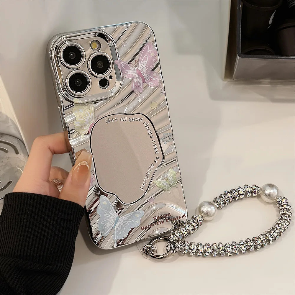 Y2K Butterfly Plating Wave Mirror Phone Case For iPhone 16 15 14 13 12 11 Pro Max XR X XS 7 8 Plus Bracelet Shockproof Cover