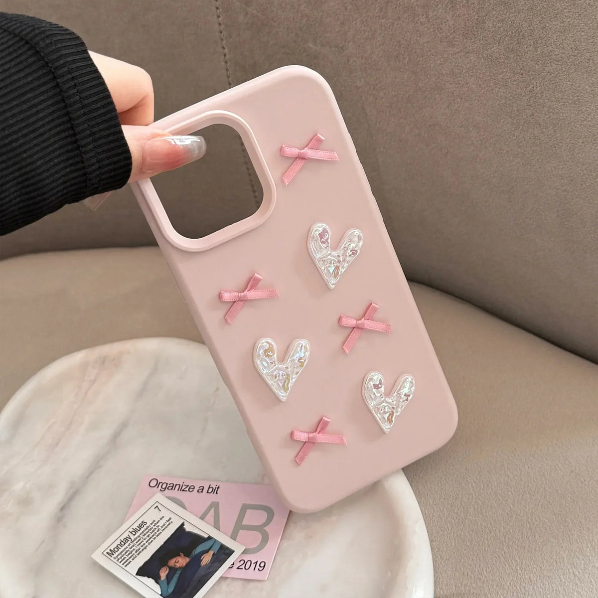 3D Pink Love Heart Bow Phone Case for IPhone16 15 14 12 13 11 Pro ProMax Mini Plus X XR Shockproof Phone Cover