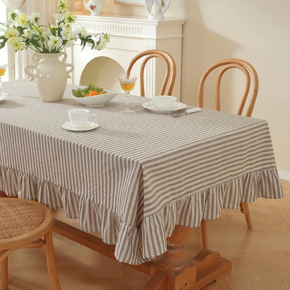 Vertical Striped Table Cover Washable Wrinkle-Resistant Striped Ruffle Tablecloth Ruffle Trim Farmhouse Tablecloth Wedding Decor