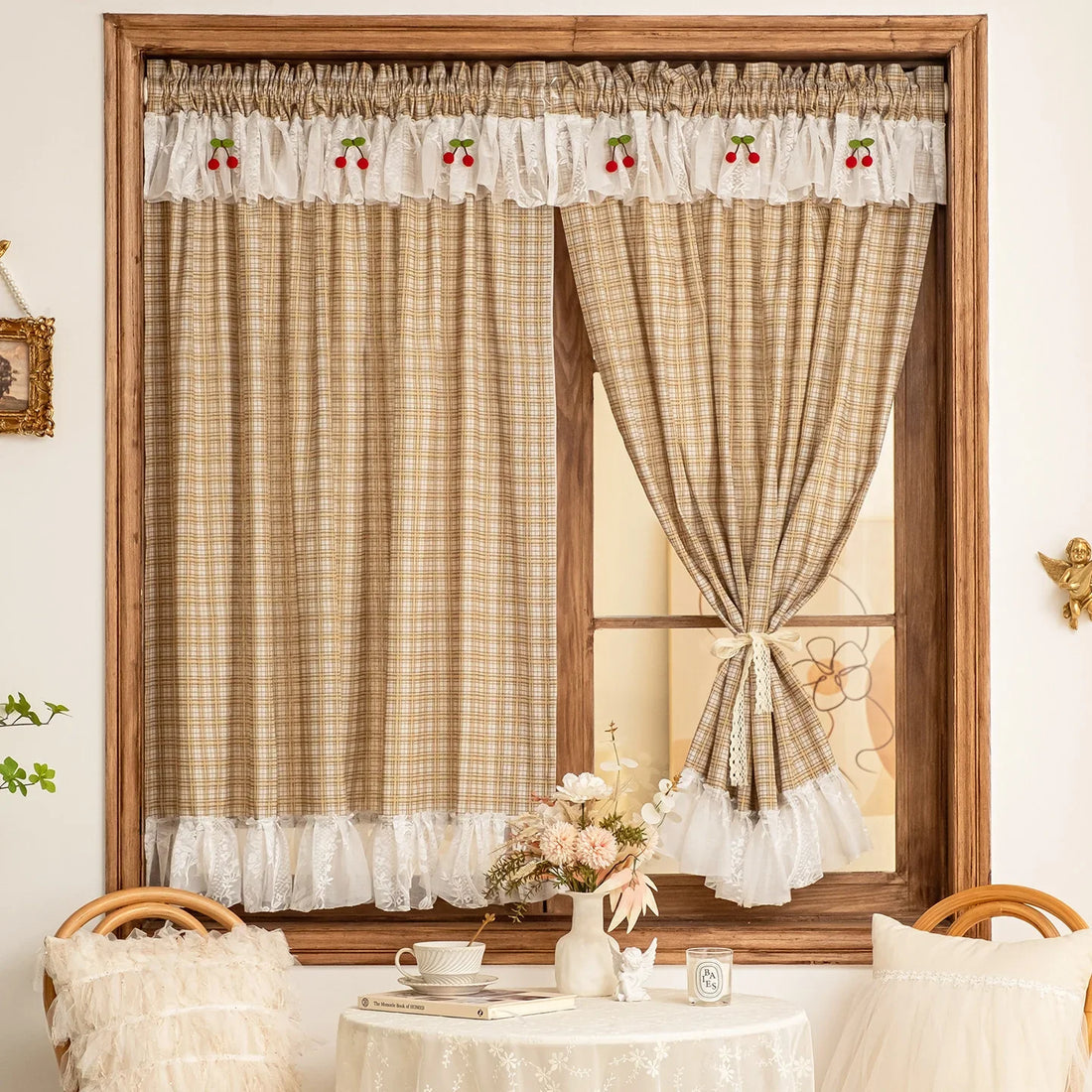 American Sweet Style Plaid Pattern lace Curtain Fabric Kitchen Door Curtains Cafe Living Room Window Kitchen Home Decoration